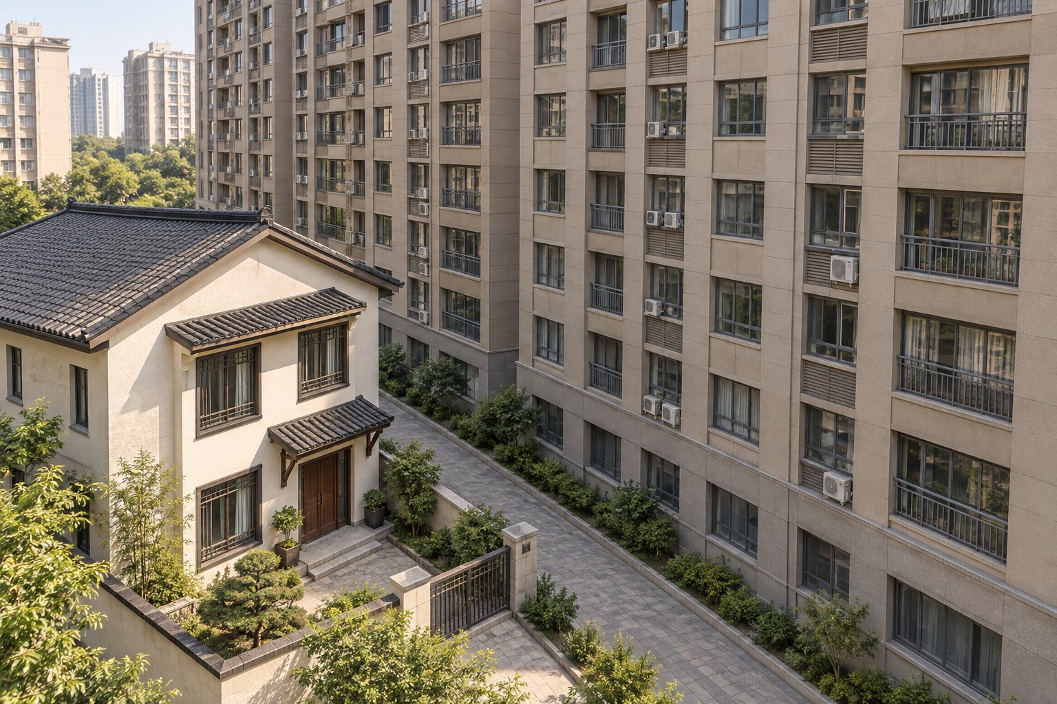 两层住宅的前院与高大公寓宽阔立面之间仅隔窄通道,高楼近逼小宅前方。