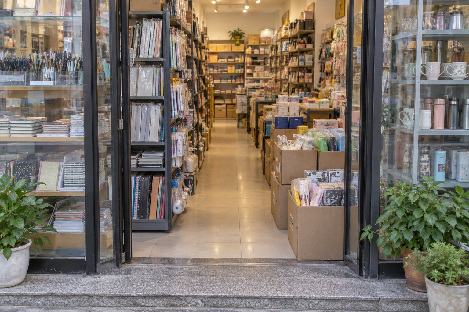 从文具杂货店门外看入，左侧高货架与右侧成排补货纸箱挤占门内空间，门框之间原有的较宽开口只剩狭窄中间通道。