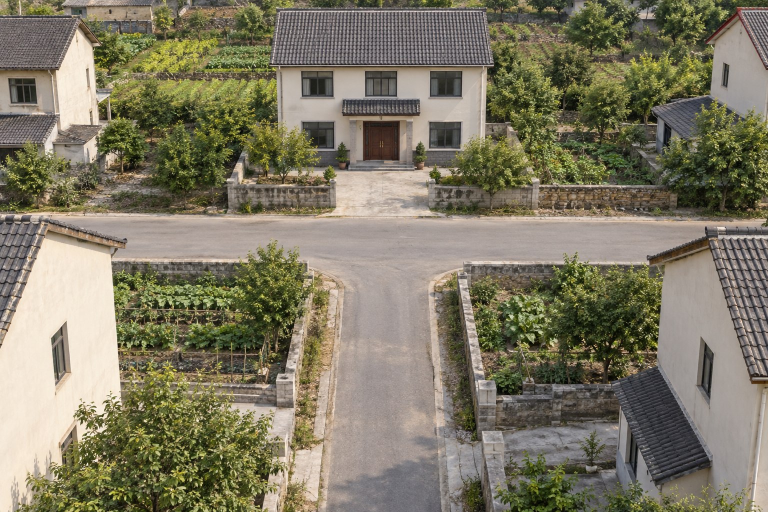 丁字路口的直路中线正对上方住宅的院门和入户门,路不穿过房屋。
