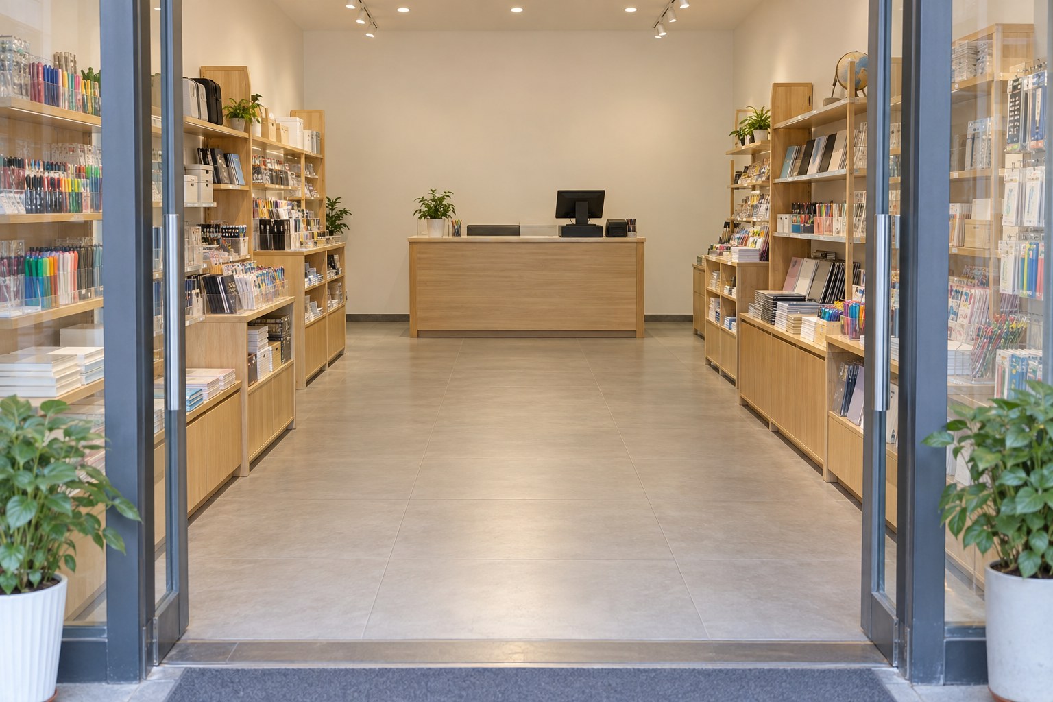 从文具店敞开的玻璃店门看入，门框、中央过道和后方居中的木收银柜在同一条直线上，两侧货架未遮挡，柜后是实墙。