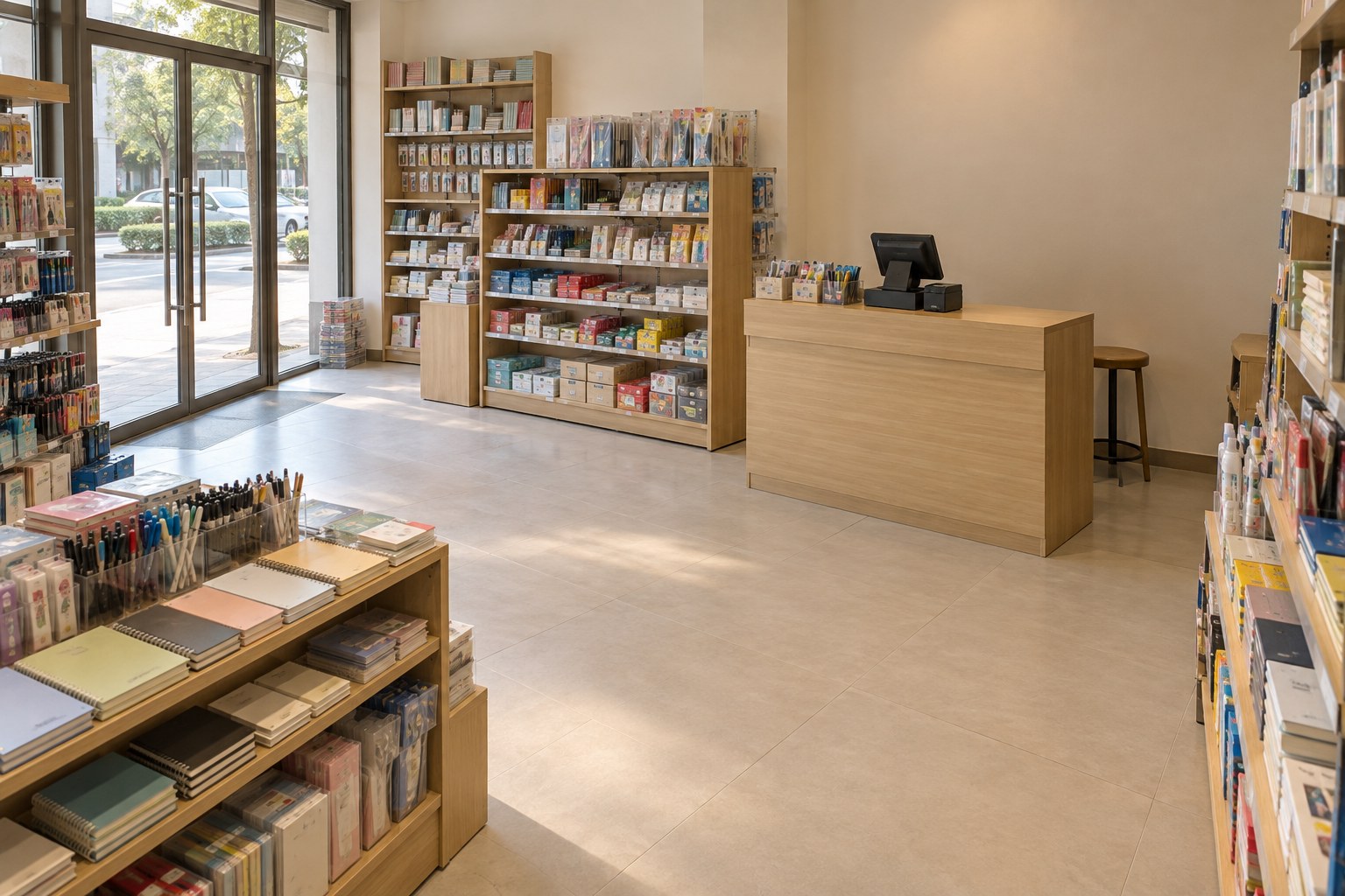 文具店左侧是玻璃入口,右侧木收银柜后方留有店员工作位和凳子,再后是无门窗的实墙,柜前有完整通行和结账空间。
